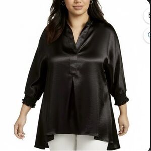 Anne Klein Tunic Top Black Satin High Low 1X Dolman Sleeve Cocktail Elegant